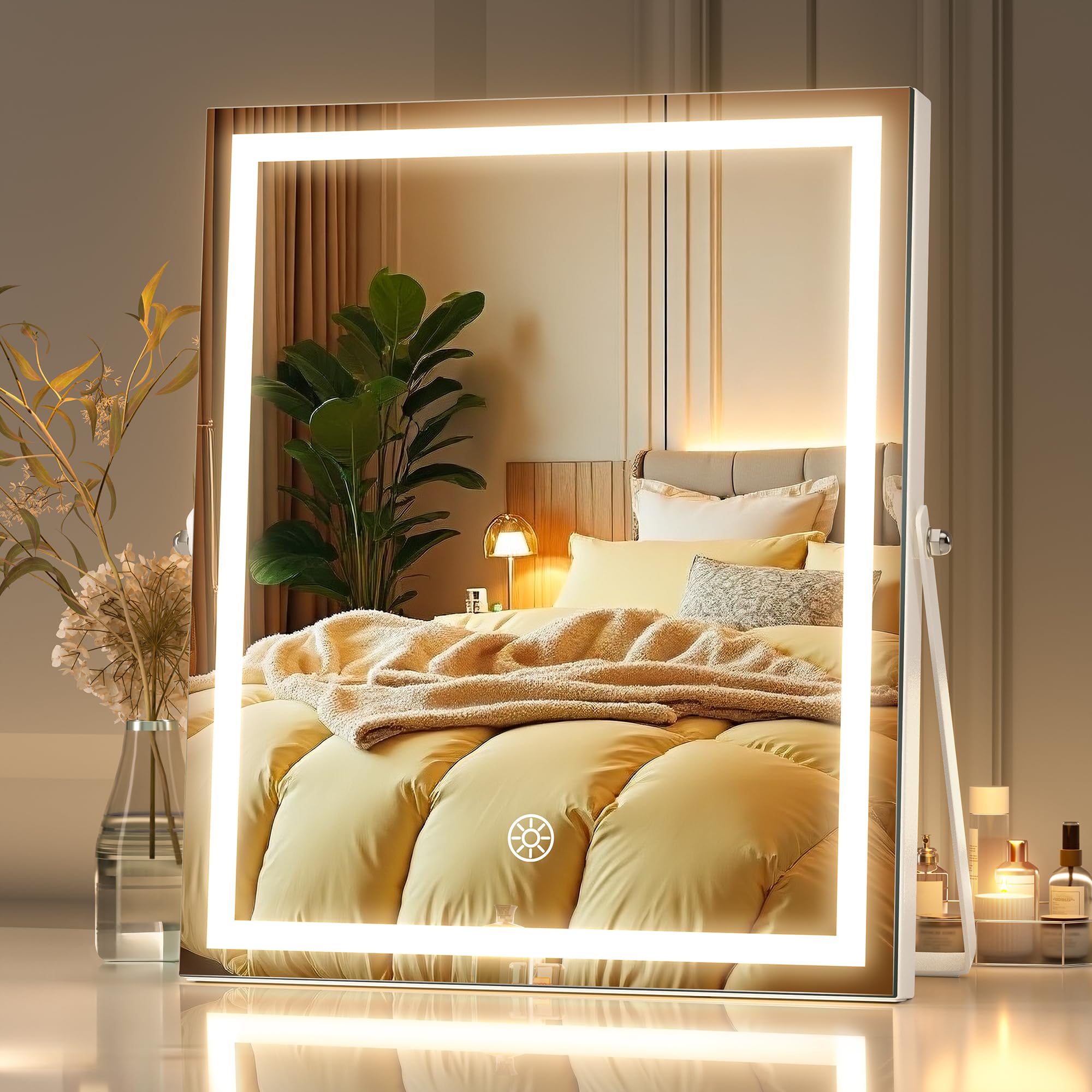 MINISO Vanity Mirror with Lights, 9.8" x 11.8" LED Makeup Mirror, Light & Brightness Adjustment, Smart Sensor, Aluminum Alloy Metal White Frame, with 5X Magnifying Glass