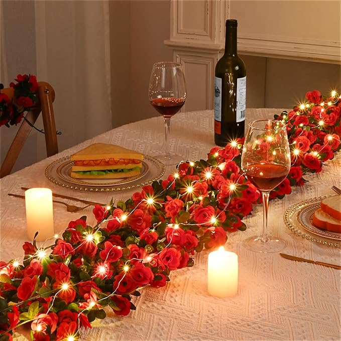 MARTINE MALL Flower Garland Vines, 5 Strands 41Ft With 33 Ft/100 LED String Lights - Rose Decoration for Bedroom, Room, Table, Wedding Decor