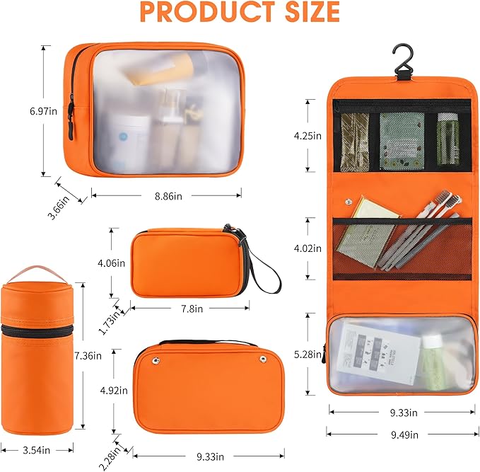 Toncoke Travel Toiletry Bag Set, Hanging Toiletry Bag Premium Faux Leather, Toiletry Bag for Women & Men, Travel Essentials Makeup Bag Water-resistant, Orange
