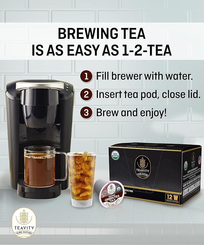 Organic Tulsi Tea Pods with Unsweetened Caffeinated Green Tea Pods for Keurig - Tulsi Green Tea by Teavity (36 Tea Pods)