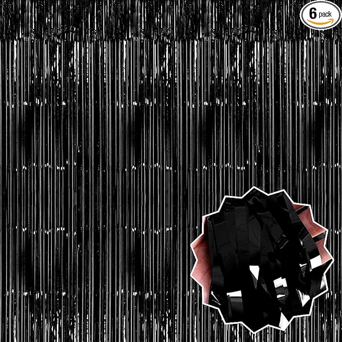 6 Pack Black Foil Fringe Curtains Backdrop, 3.28 x 9.8 Ft Metallic Streamers Tinsel Curtains Background for Photo Booth, Birthday, Halloween, Christmas, Thanksgiving, New Year Party Decorations