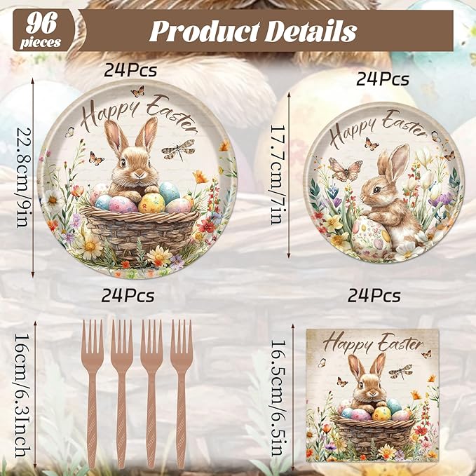 Rakuto Easter Plates and Napkins Disposable Decorations, 96PCS Happy Easter Bunny Eggs Paper Plates Napkins Forks Party Decoration, Rabbit Flower Themed Decor for Spring Celebrations Picnic Serve 24