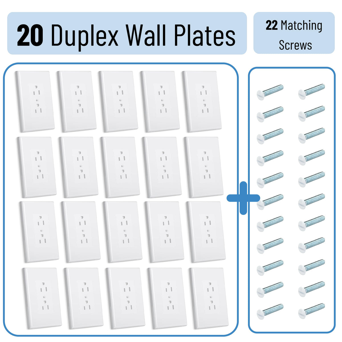 Bates- 1-Gang Duplex Wall Plate, 3.18"x 4.98", 20 Pack White