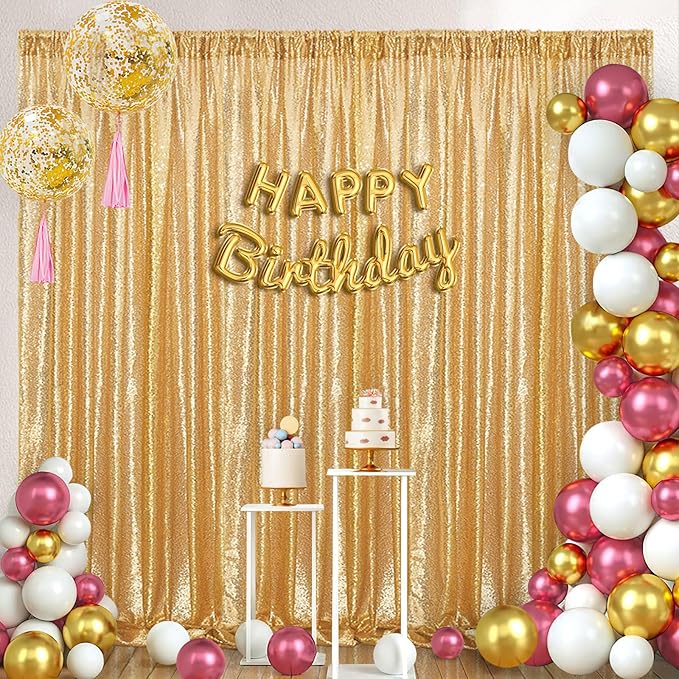 B-COOL Sequin Backdrop Gold Curtains 4 Panels 2ftx8ft Glitter Shimmer Fabric Sparkly Drapes for Background Wedding Banquet Party Decorations