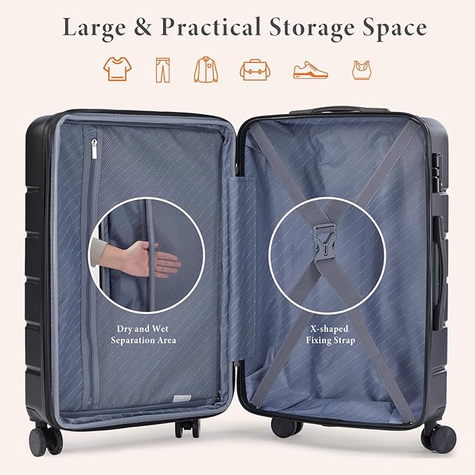 Sweetcrispy Carry on Suitcase, Luggage with Spinner Wheels, Hard Shell ABS, TSA Lock, 24 Inch Black