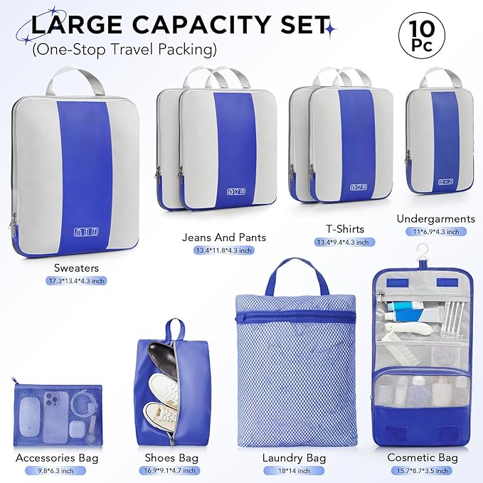 10 Set Compression Packing Cubes for Travel Essentials,Compressible Expandable Packing Cubes for Suitcase,OlarHike Luggage Organizer Bags for Travel,Handy Helper for Organizing Clothes(Klein Blue)