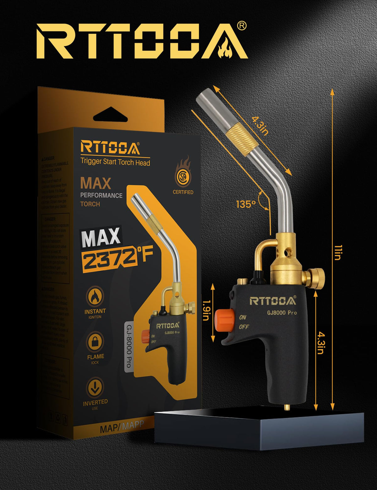 RTTOOA Propane Torch Head, GJ-8000pro High Intensity Torch Head, Trigger Start Gas Torch Kit for Propane, Pencil Flame Welding Torch Fuel by Mapp/Map/Propane, Soldering, Cooking（CSA Certified)