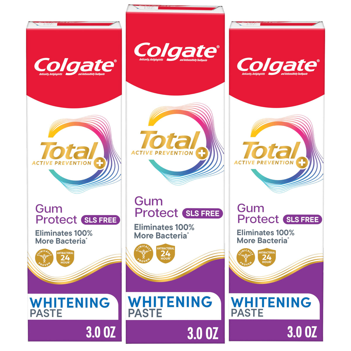 Colgate Total Active Prevention Gum Protect Whitening Toothpaste, 3 Pack, SLS Free Gingivitis Toothpaste for Bleeding Gums, Redness, Inflammation, Irritation, and Sensitivity, 3.0 oz