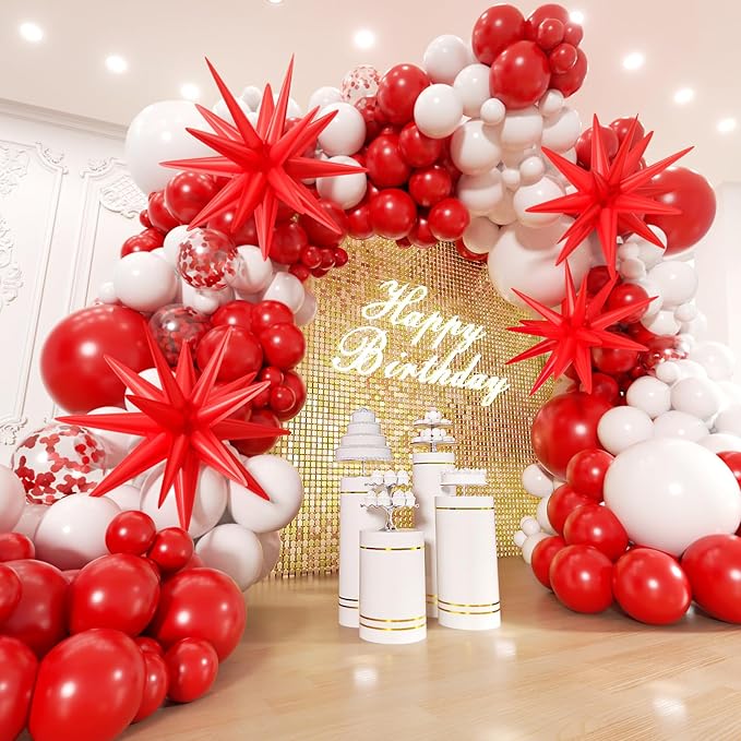 Red and White Balloons Garland Arch Kit with Stars 200Pcs - 5 10 12 18 22 inch Balloon and Confetti Balloons for Valentine's Day Christmas Engagement Birthday Anniversary Party Decorations