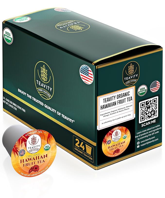Organic Hibiscus Sabdariffa Tea Pods with Peach, Mango, & Passionfruit - Naturally Decaf Tea - Hawaiian Fruit Tea by Teavity (24 Tea Pods)