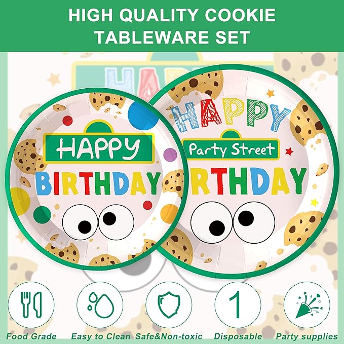 170PCS Cookie Party Supplies for Baby Boys Girls 1st 2st Birthday Party Monster Themed Tableware Set Napkin Cups Forks Knives for 24 Guests