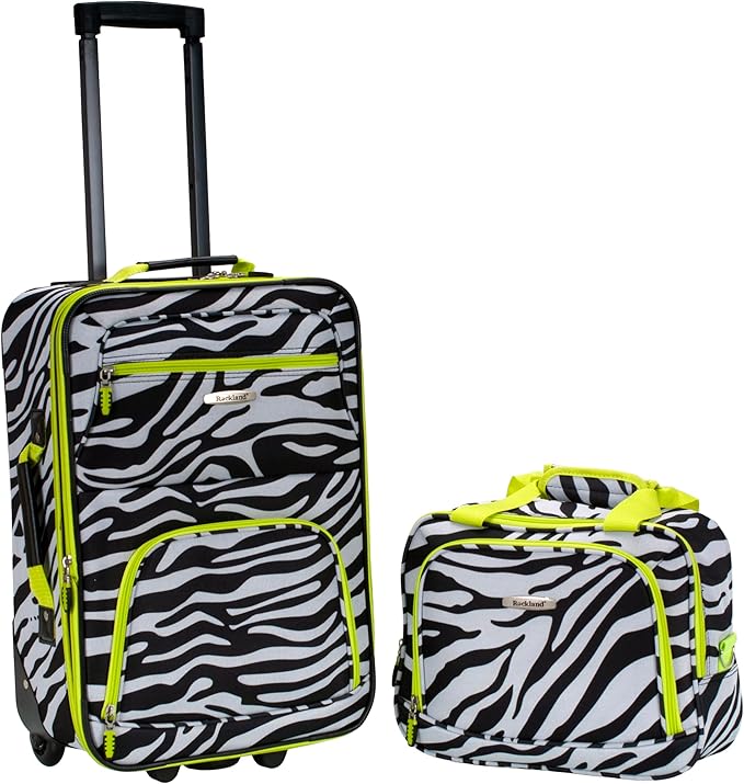 Rockland Fashion Softside 2 Piece Luggage Set, Expandable, (14" Tote/19" Upright), Lime Zebra