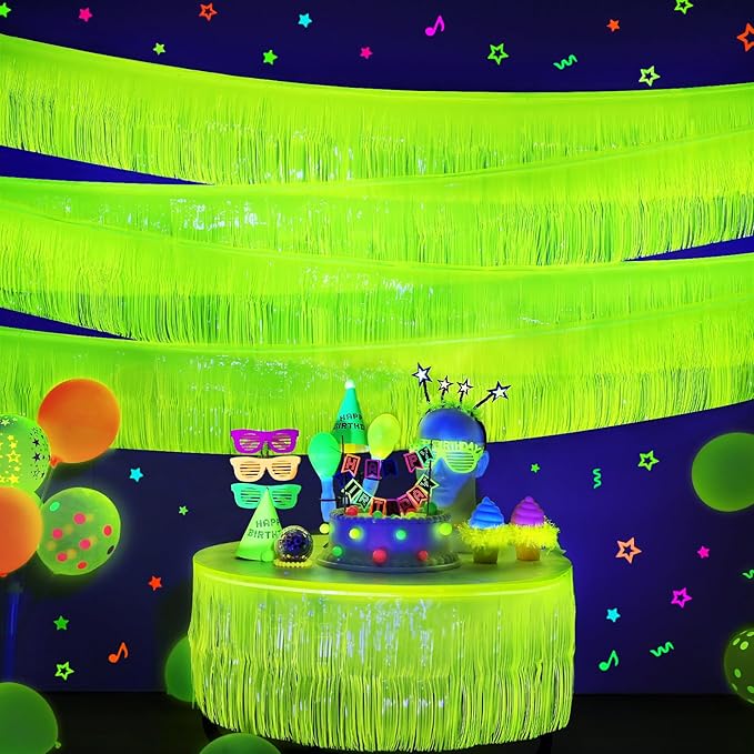 Mega-L Glow in The Dark Party Supplies, 4 Pack Foil Fringe Garland Birthday Party Decorations 9.8 ft Fluorescent Macaron Yellow Metallic Tinsel Streamers Banner, Glitter Photo Booth Prop Table Skirt