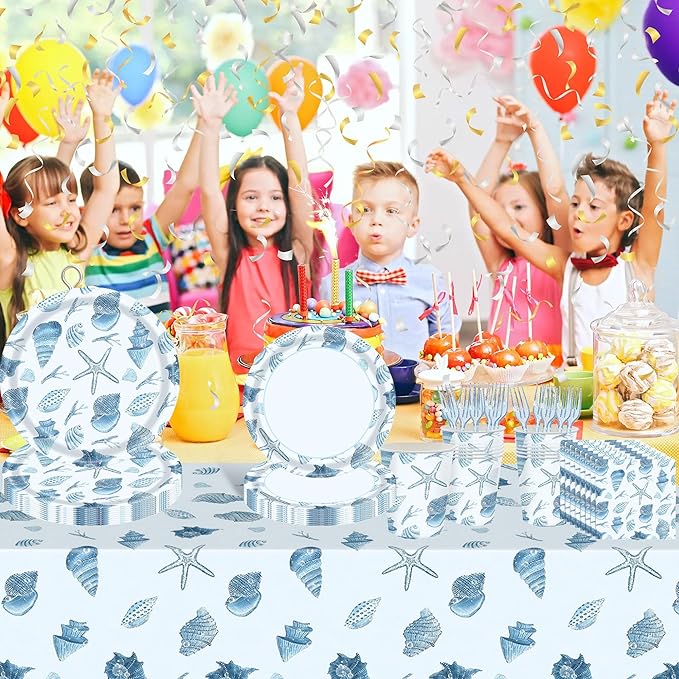 Ocean Seashell Party Plates Supplies, Coastal Beach Party Tableware Decorations Starfish Coral Disposable Paper Plates Tablecloth Cups Napkins Forks for Kids Summer Birthday Baby Shower, Serves 24