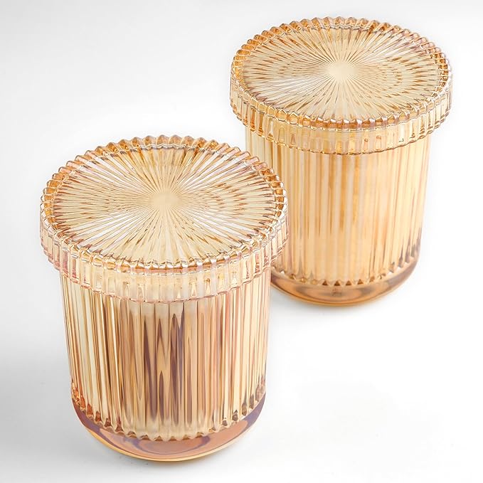 2 Pack Qtip Holder - Apothecary Jars with Lids, Bathroom Organizers and Storage Canister for Cotton Balls,Swabs,Floss Picks,Hair Ties,Clear Glass Vintage Bathroom Decor Jar Set (Amber)