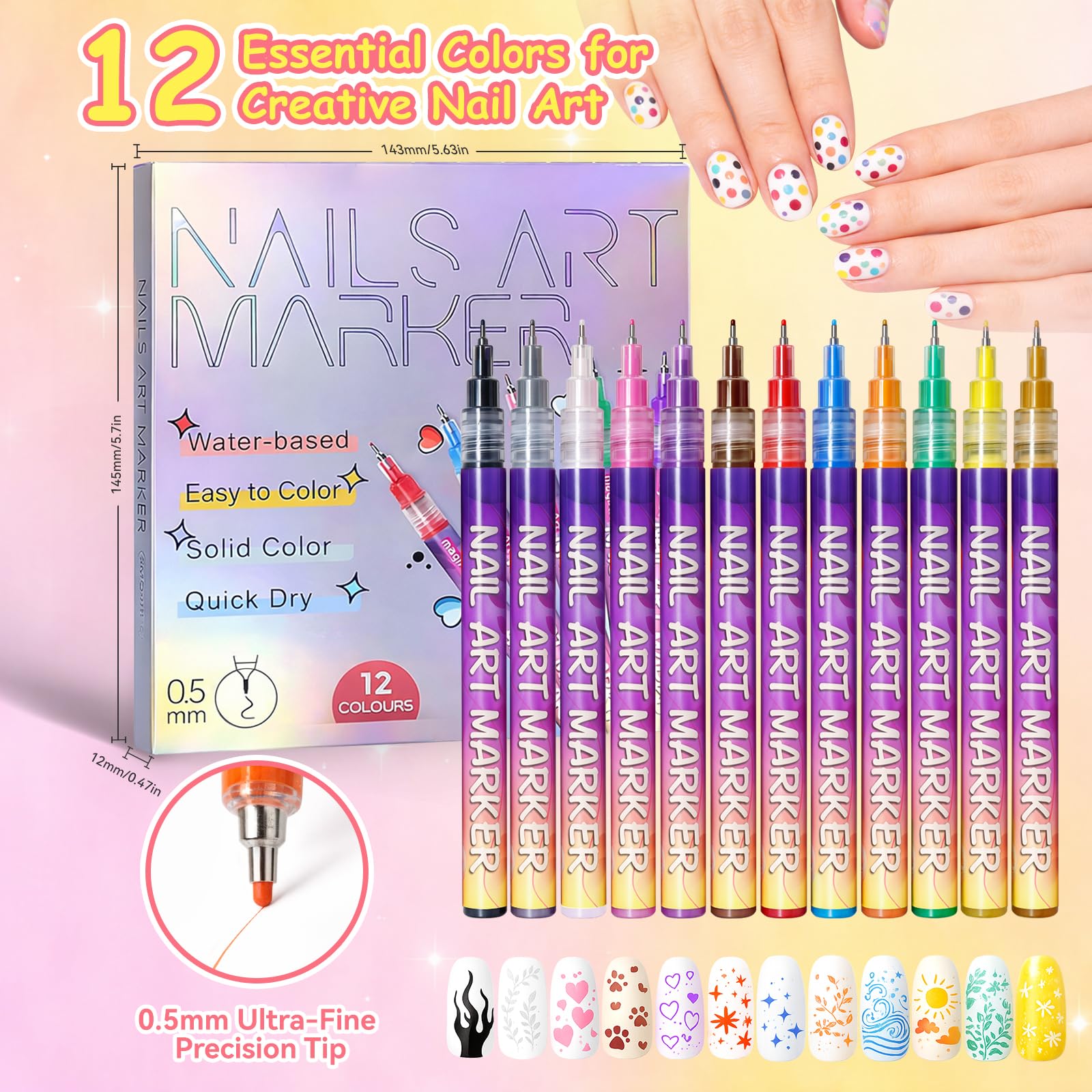 12 Colors Nail Art Pens Kit, 0.5mm Precision Nail Art Markers, Quick-Dry Waterproof Nail Polish Pens for DIY Manicure, Drawing & Creative Nail Art Designs