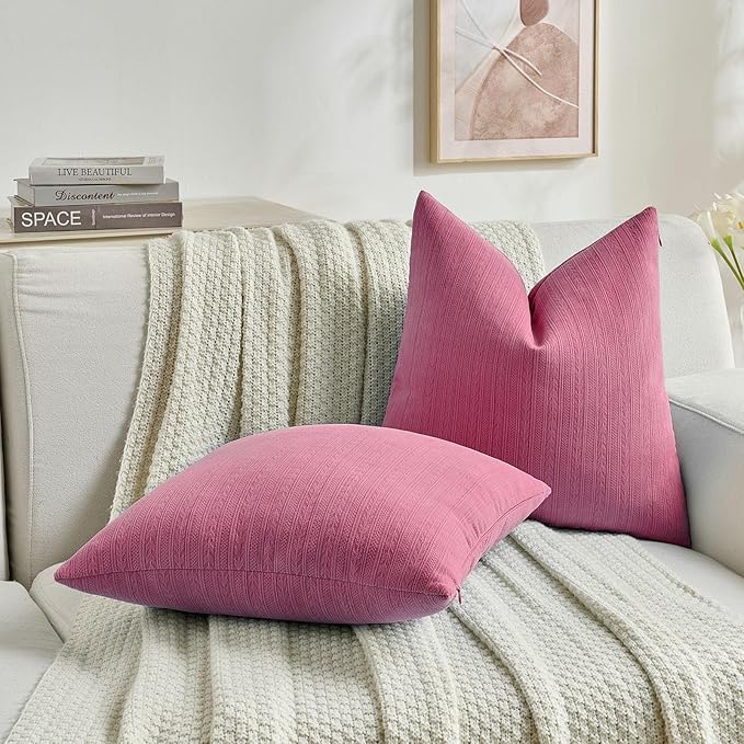 FUTEI Hot Pink Decorative Throw Pillow Covers 24x24 Inch Set of 2,Soft Cozy Wheat Ear Striped Patterns European Cushion Cases,Modern Home Decor for Couch Bed Living Room