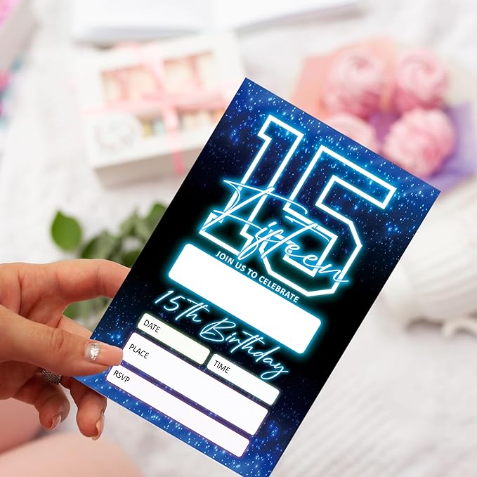 SIXEIGHT Blue 15th Birthday Invitations for Boys, Neon Glow Party Invitations for Girls Kids, 20 Pack Double Sided Invite Cards with Envelopes, 15th Glow Neon Birthday Party Decorations, 4x6 Inch-C48
