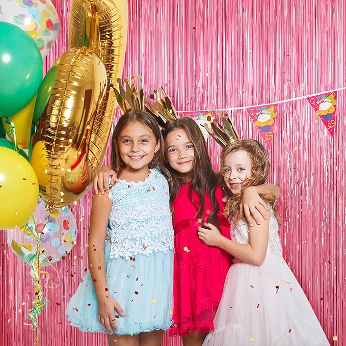 Pink Metallic Tinsel Foil Fringe Curtains, 2 Pack 3.3x8.3 Feet Party Streamer for Birthday Party Decorations, Halloween Decor, Foil Curtain Backdrop for Bachelorette Party