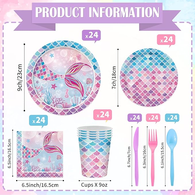 168PCS Mermaid Party Supplies for Birthday Watercolor Summer Party Decorations Plates Cups Napkins Tableware 24 Guests