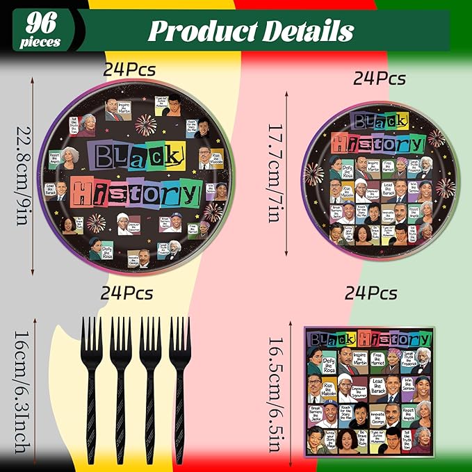 Rakuto Black History Month Decorations Tableware, 96PCS Juneteenth African American Famous People Disposable Paper Plates and Napkins Decoration, Happy June African Themed Party Forks Decor