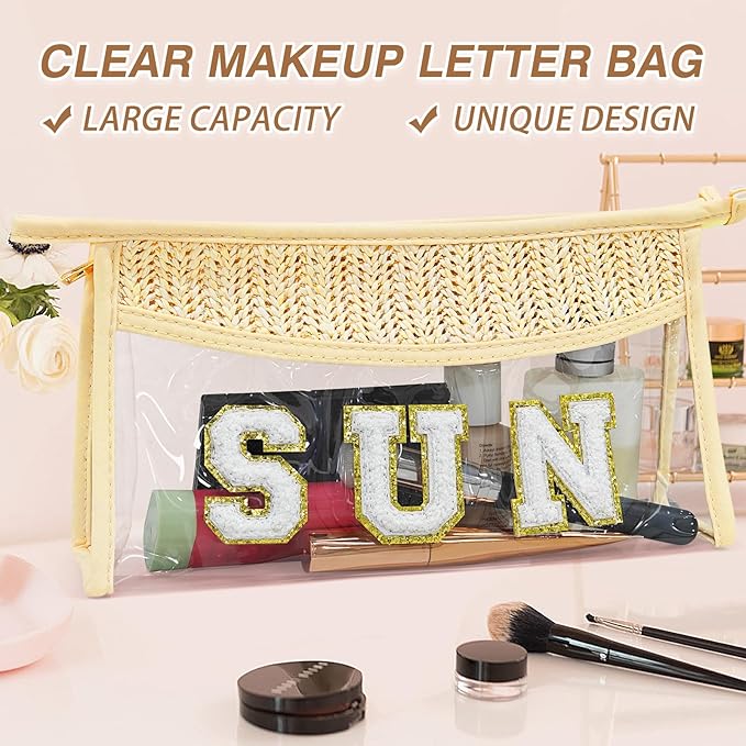 Boho Hand-woven Makeup Bag, Chenille Letter Patch Clear Travel Pouch, Rattan Straw Bag Clear Cosmetic Sunscreen Bags, Women Summer Retro Travel Beach Bag Beach Essentials (Boho_Beige-Sun)