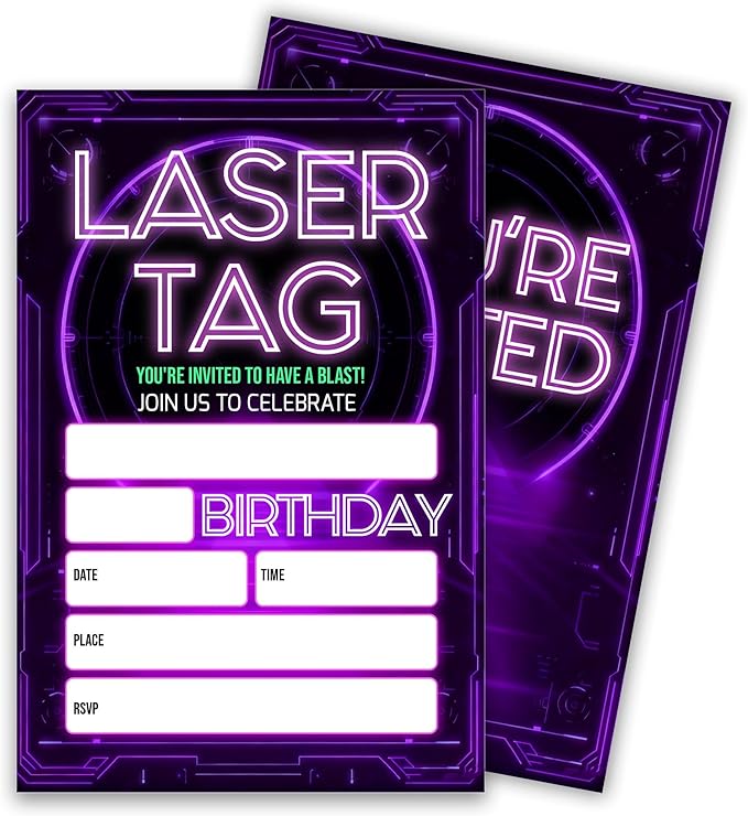 Laser Tag Birthday Party Invitations, Glow Neon Theme Invite Cards, 20 Count with Envelopes for Boys Girls Teen, 4 x 6 Double Sided Printed Fill In Blank Party Supplies- Purple