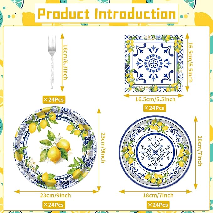 Rakuto Lemon Party Plates Supplies - 96PCS Lemon Party Decorations Supplies Tiles Yellow Lemon Party Paper Plates Napkins Fork Tableware Summer Fruit Lemon Decor Disposable Party Dinnerware(24 Guests)