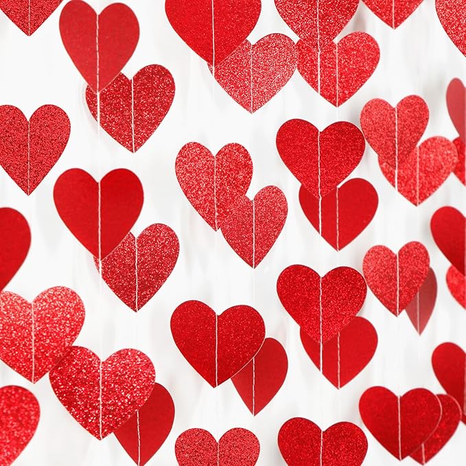 Red Heart Romantic Party-Decorations Garland - 62FT Glitter Special Night Galentines Hanging Streamers Banner,Valentines Girl Wedding Anniversary Baby Bridal Shower Birthday Decor Supplies Hugtmr