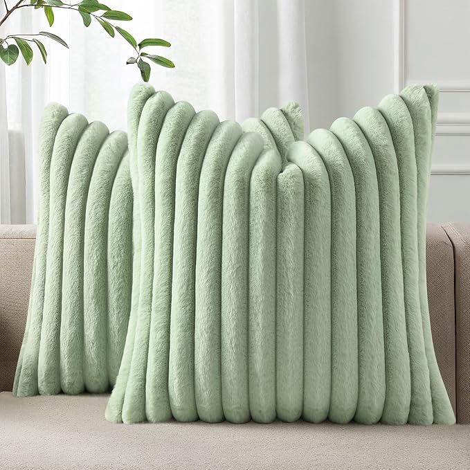 Pallene Faux Fur Plush Throw Pillow Covers 22x22 Set of 2, Luxury Soft Fluffy Striped Decorative Pillow Covers for Sofa, Couch, Living Room, Sage Green