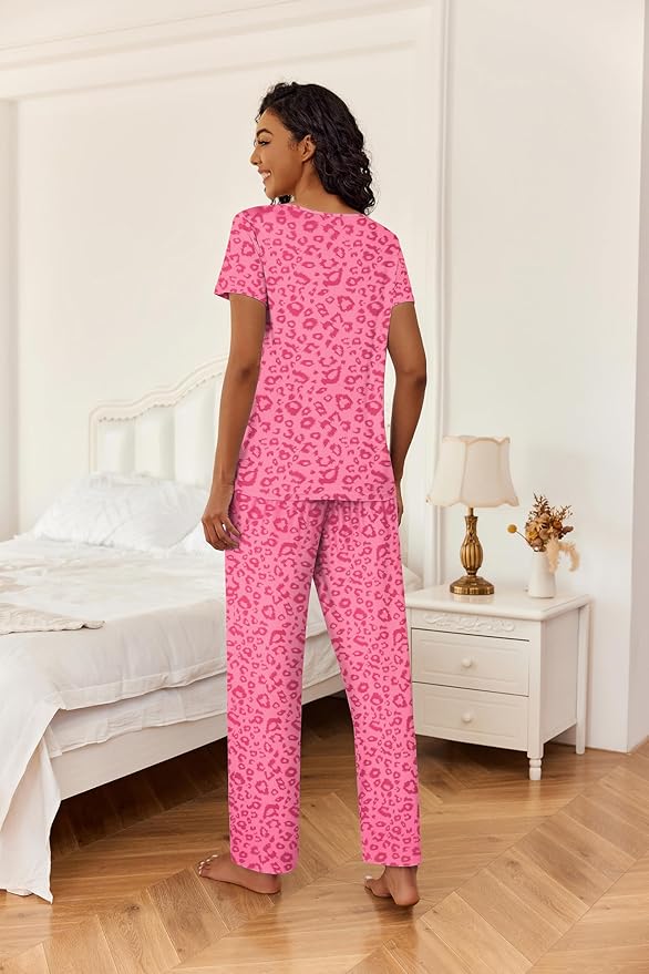 Ekouaer 2 Piece Womens Pajamas V Neck Short Sleeve Top and Long Pants Pjs Print Lounge Set Sleepwear