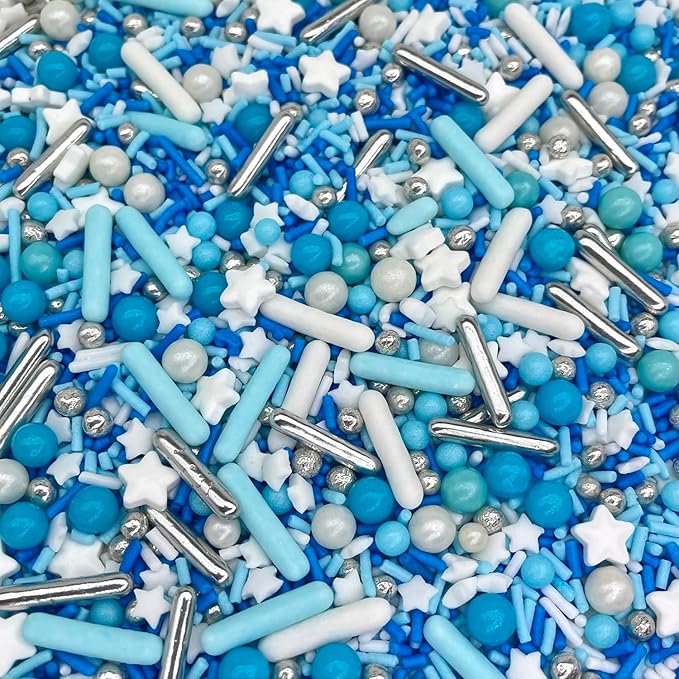Manvscakes Sprinkles- Edible Cake and Cupcake Sprinkles with Assorted Shapes and Sizes for Parties, Metallic Sprinkle Mix for Cookies, Ice Cream, Cake and Cupcake Decorating, 4 oz, Blue sprinkles