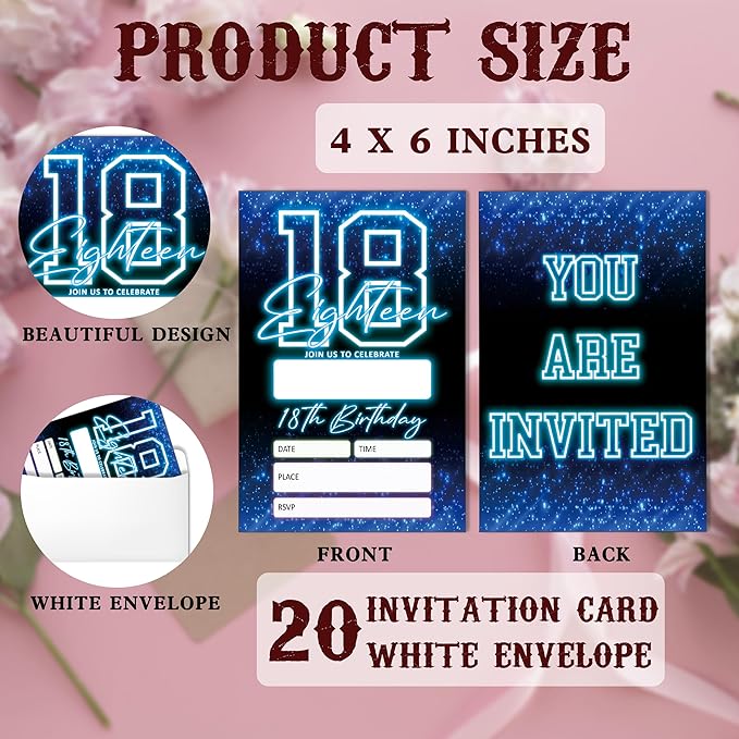 SIXEIGHT Blue 18th Birthday Invitations for Boys, Neon Glow Party Invitations for Girls Kids, 20 Pack Double Sided Invite Cards with Envelopes, 18th Glow Neon Birthday Party Decorations, 4x6 Inch-C51