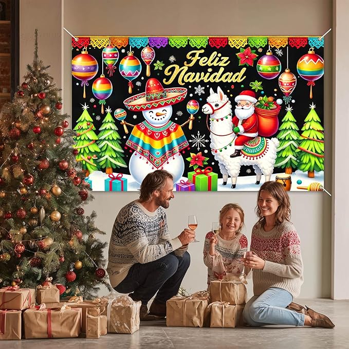 Merry Christmas Banner Winter Feliz Navidad Banner Mexican Christmas Backdrop Snowman Santa Llama Maracas Tree Ornament Scene 71x43 inch for Holiday Party Wall Decor