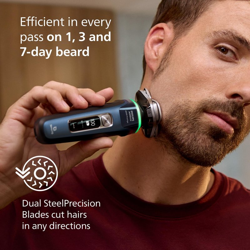 Philips Norelco Shaver i9000 Prestige, Wet & Dry Electric Shaver, Mystic Aqua, SenseIQ Technology, Triple Lift & Cut System, 360 Rotating Dual SteelPrecision Blades, Nose Trimmer, XP9201/88