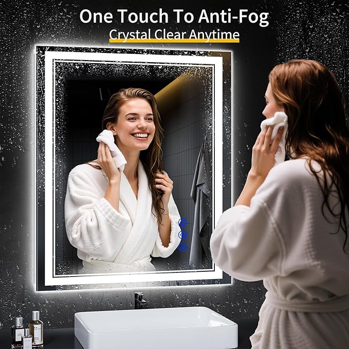 36"x30" LED Bathroom Mirror with Anti-Fog, Stepless Dimmable Lights, 3 Color Modes, Shatter-Proof Tempered Glass, Memory Function & Waterproof Design