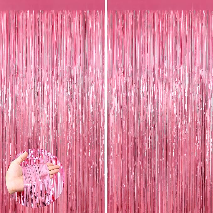 Pink Metallic Tinsel Foil Fringe Curtains, 2 Pack 3.3x8.3 Feet Party Streamer for Birthday Party Decorations, Halloween Decor, Foil Curtain Backdrop for Bachelorette Party