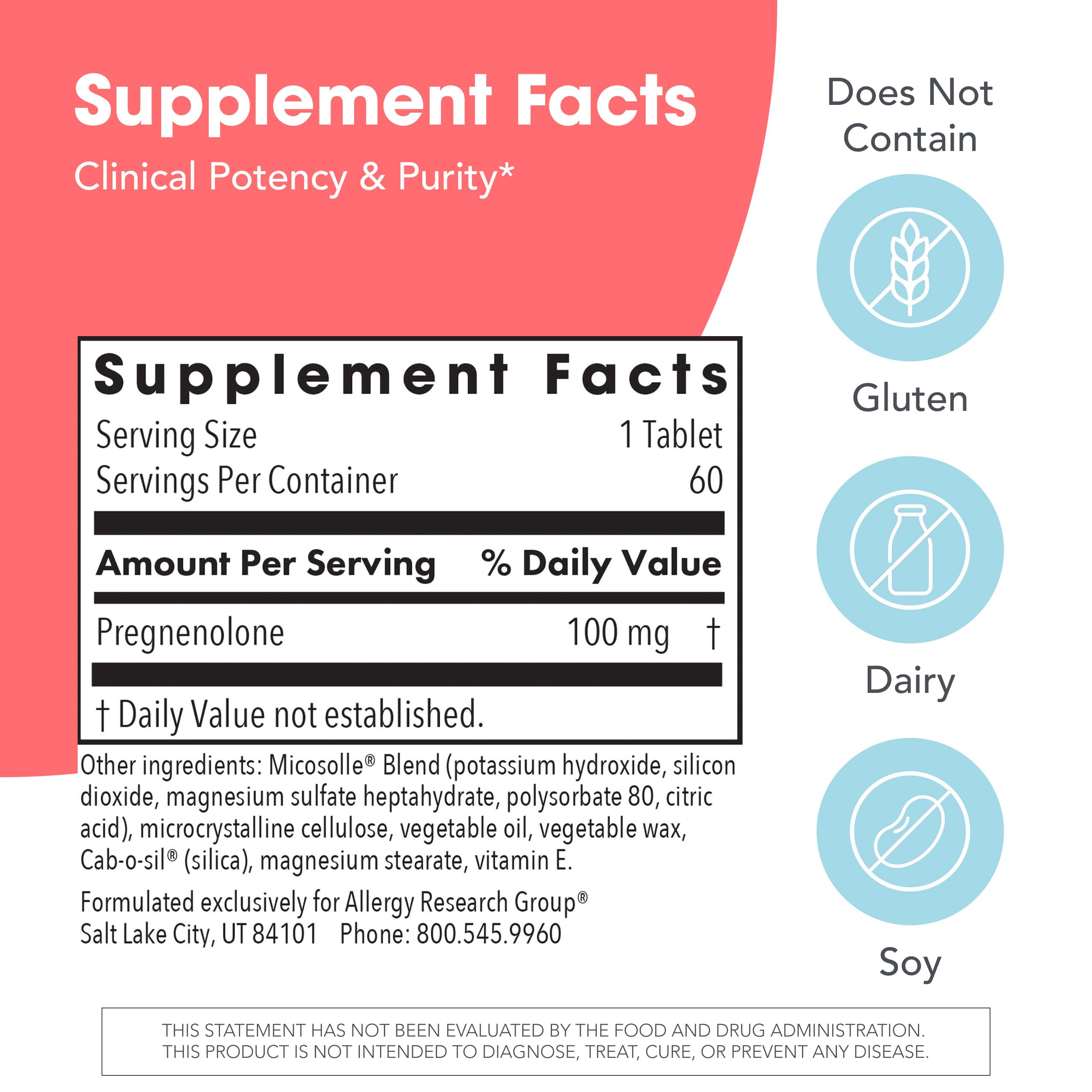 Allergy Research Group ARG Pregnenolone 100 mg - Micronized Hormone Precursor Support - Highly Bioavailable - Hypoallergenic - 60 Servings - 60 Scored Tablets