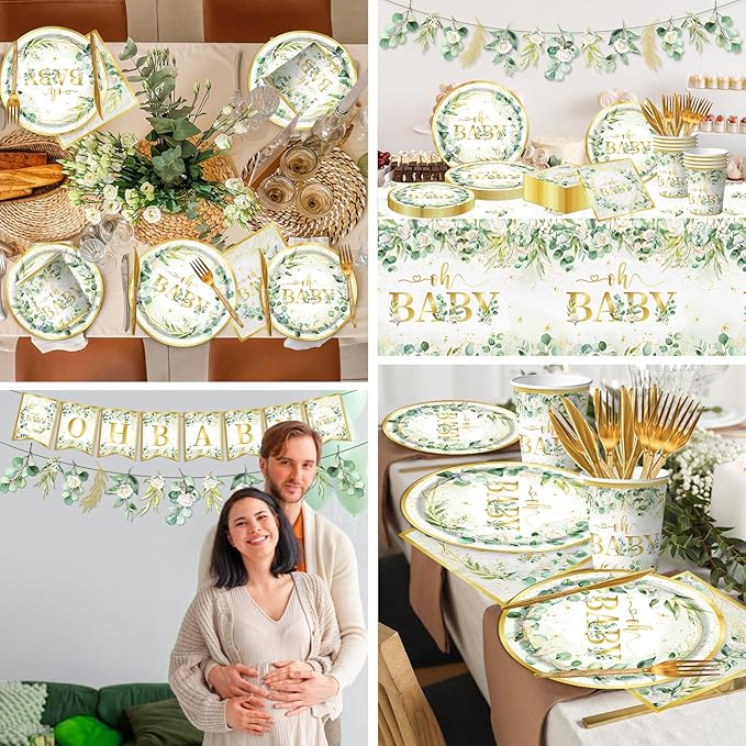 Sage Greenery Baby Shower Plates and Napkins Tableware Set Gender Neutral Baby Shower Decorations Oh Baby Plates and Cups and Napkins Sets Serves 24 for Baby Girl Boy Shower Decorations