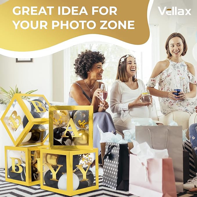 Baby Shower Boxes with Letters – Gold Boxes with Gold & Black Balloons – 44-Piece Gender Reveal & Party Decoration Set by Vellax