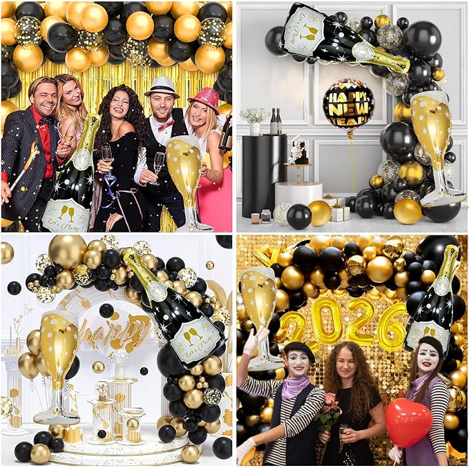 106 Pcs Gold Happy New Year Balloons, Huge Black Gold Champagne Bottle Goblet Aluminum Foil Balloons for New Years Eve Party Decorations Supplies Nye Decorations 2026
