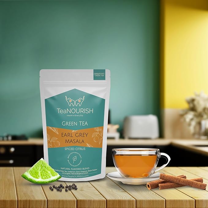 TeaNOURISH Earl Grey Masala Green Tea | Spiced Citrus | Darjeeling Loose Tea | Blended with Indian Aromatic Spices enriched with Bergamot extract - 3.53oz/100g (Pack of 2)