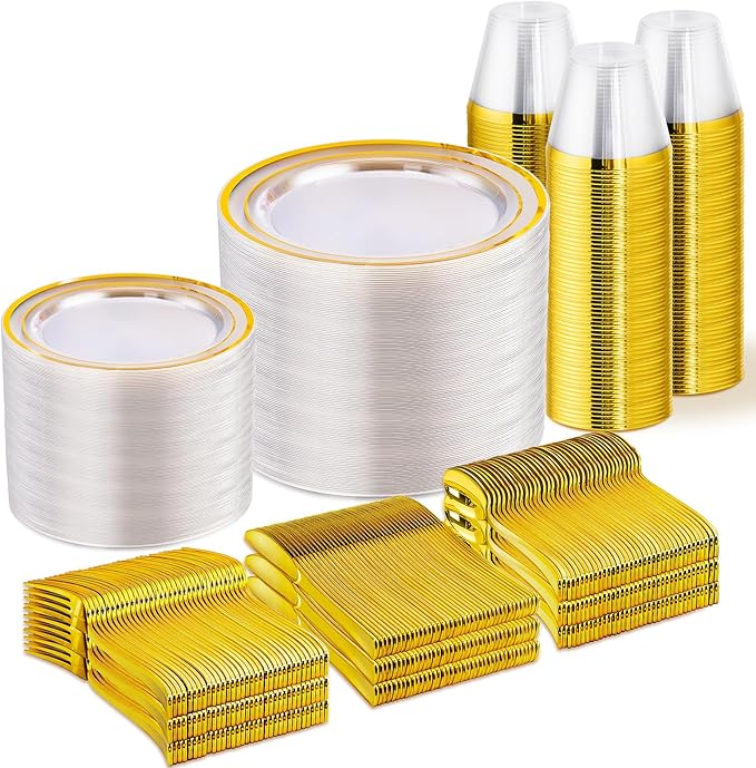 WELLIFE 600 PCS Clear Gold Disposable Dinnerware Set for 100 Guests — Elegant Gold rimmed Plastic Plates, Cups & Cutlery for Weddings, Receptions & Holiday Events, BPA-Free, Clear and Gold