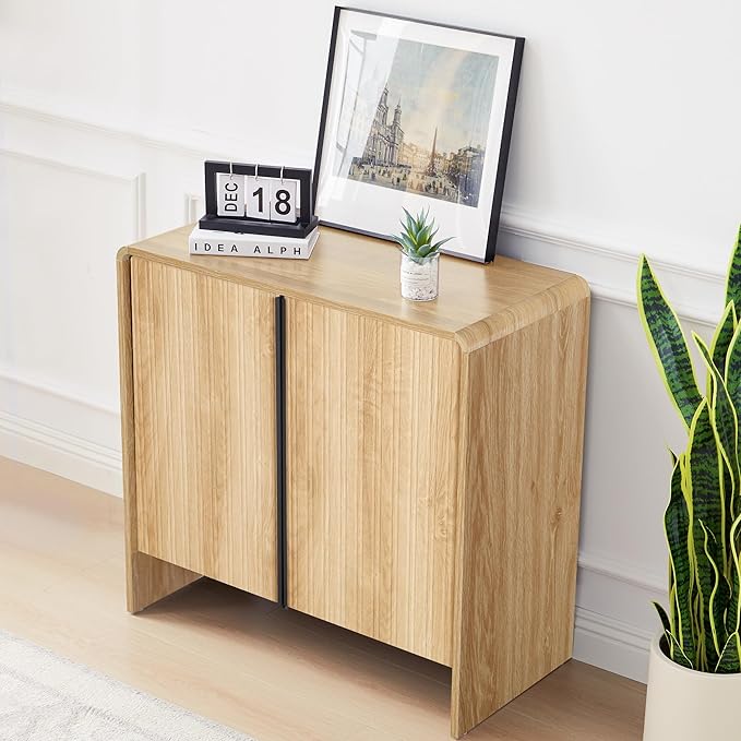 BERRYMERRY 2 Door Fluted Sideboard Buffet Cabinet with Storage, Modern Wood Cabinet with Adjustable Shelves for Living Room, Dining Room (Light Wood 6 Doors)