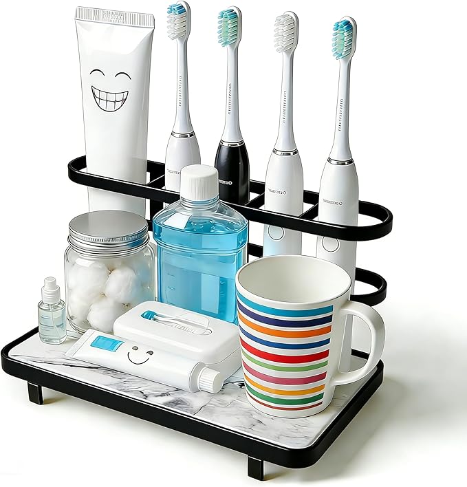 Electric Toothbrush Holders for Bathrooms, Bathroom Counter Organizer with Quick Dry Diatomaceous Earth Mat, 5 Slots Toothbrush and Toothpaste Holder Black, for Bathroom Sink Organizer Countertop