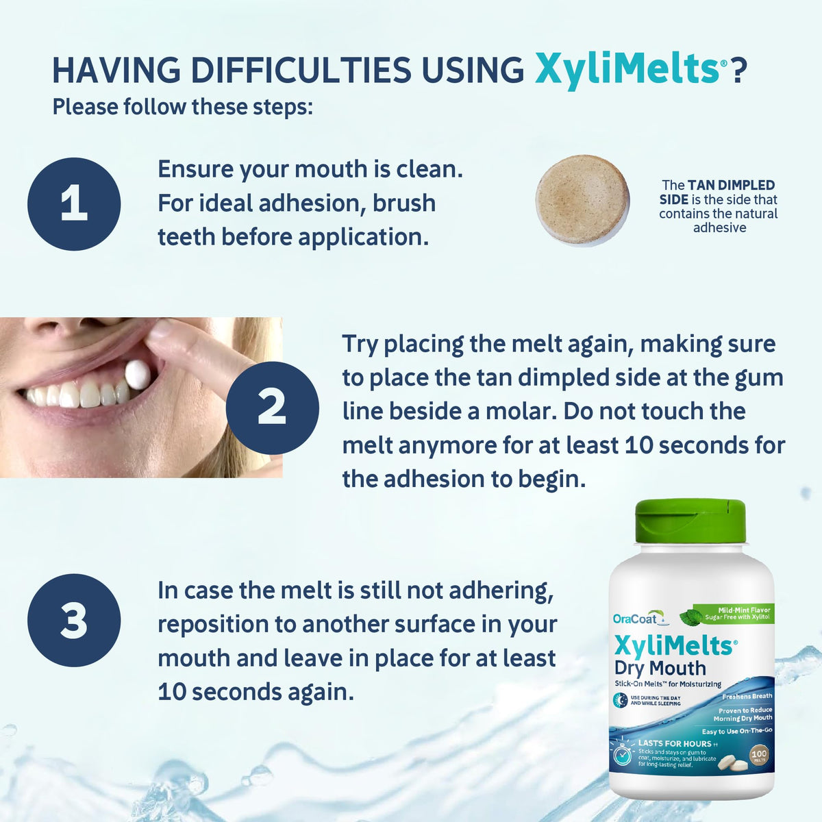 Oracoat XyliMelts for Dry Mouth Night Time or Day - Moisturizing Dry Mouth Adhering Discs, Sugar Free with Xylitol, 100 Count, Mild Mint Flavor, 8-Hour Relief