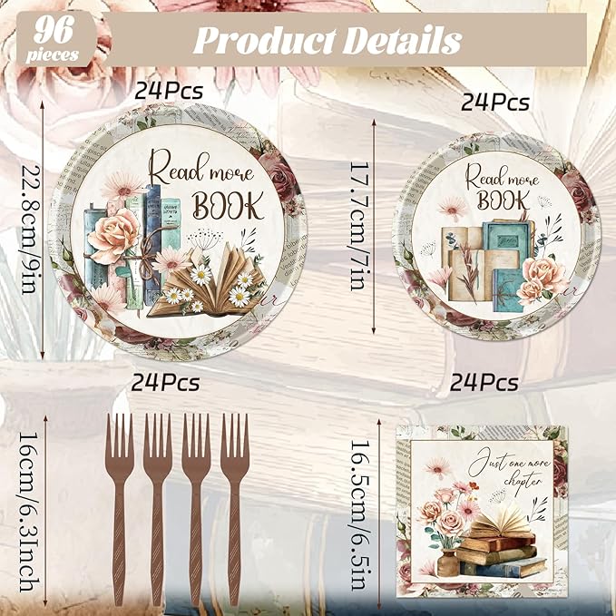 Rakuto Book Themed Party Decorations, 96PCS Vintage Book Club Paper Plates and Napkins Birthday Decoration, Reading Library Bookworm Forks Decor Supplies for Birthday Baby Shower Serve 24
