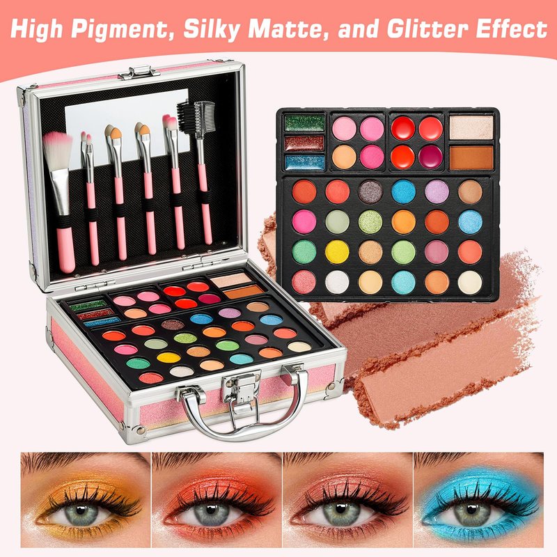 Anpro All-in-One Makeup Kit for Girls 10-12 with Case, Pro Teen Makeup Set, Tween Makeup Kit, Full Starter Make Up Kit with Brushes, Eyeshadow Palette, Blushes, Glitter Gel, Temporary Tattoo Stickers