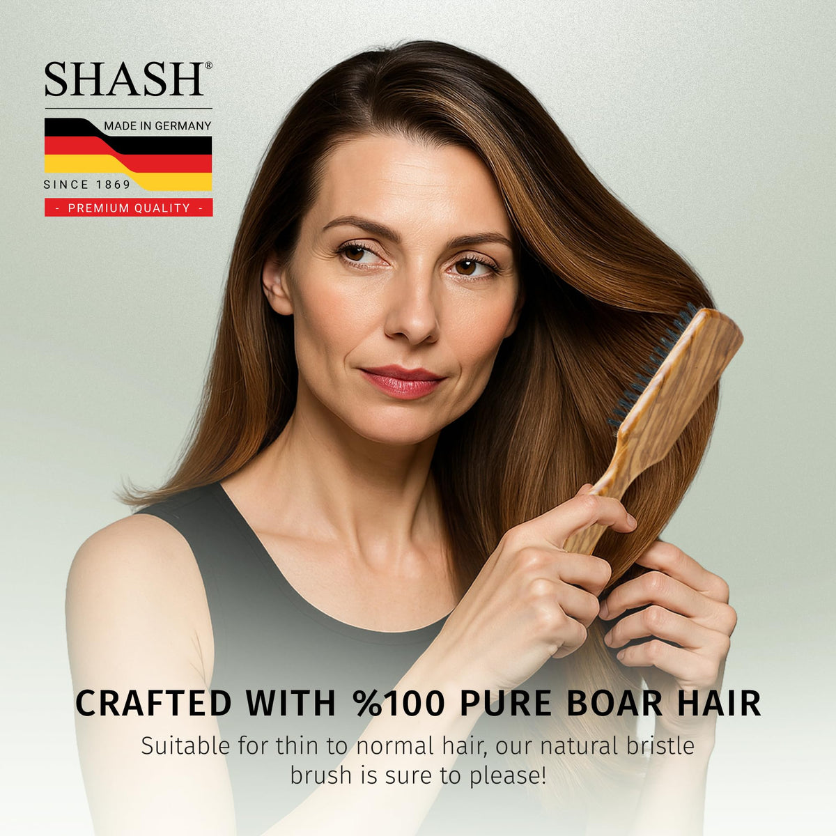SHASH 100% First Cut Boar Bristle Hair Brush, Suitable For Thin To Normal Hair - Naturally Conditions Hair, Improves Texture, Exfoliates, Stimulates, Made in Germany (Black, Small)