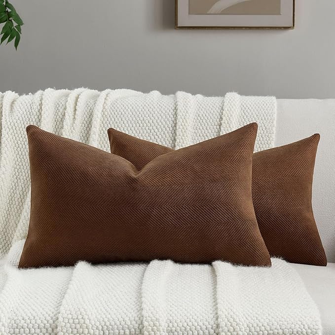 FUTEI Dark Brown Chenille Throw Pillow Covers 12x20 Inch Set of 2,Soft Wide Chevron Textured Lumbar Pillow Cases,Farmhouse Home Decor for Couch Bed Living Room